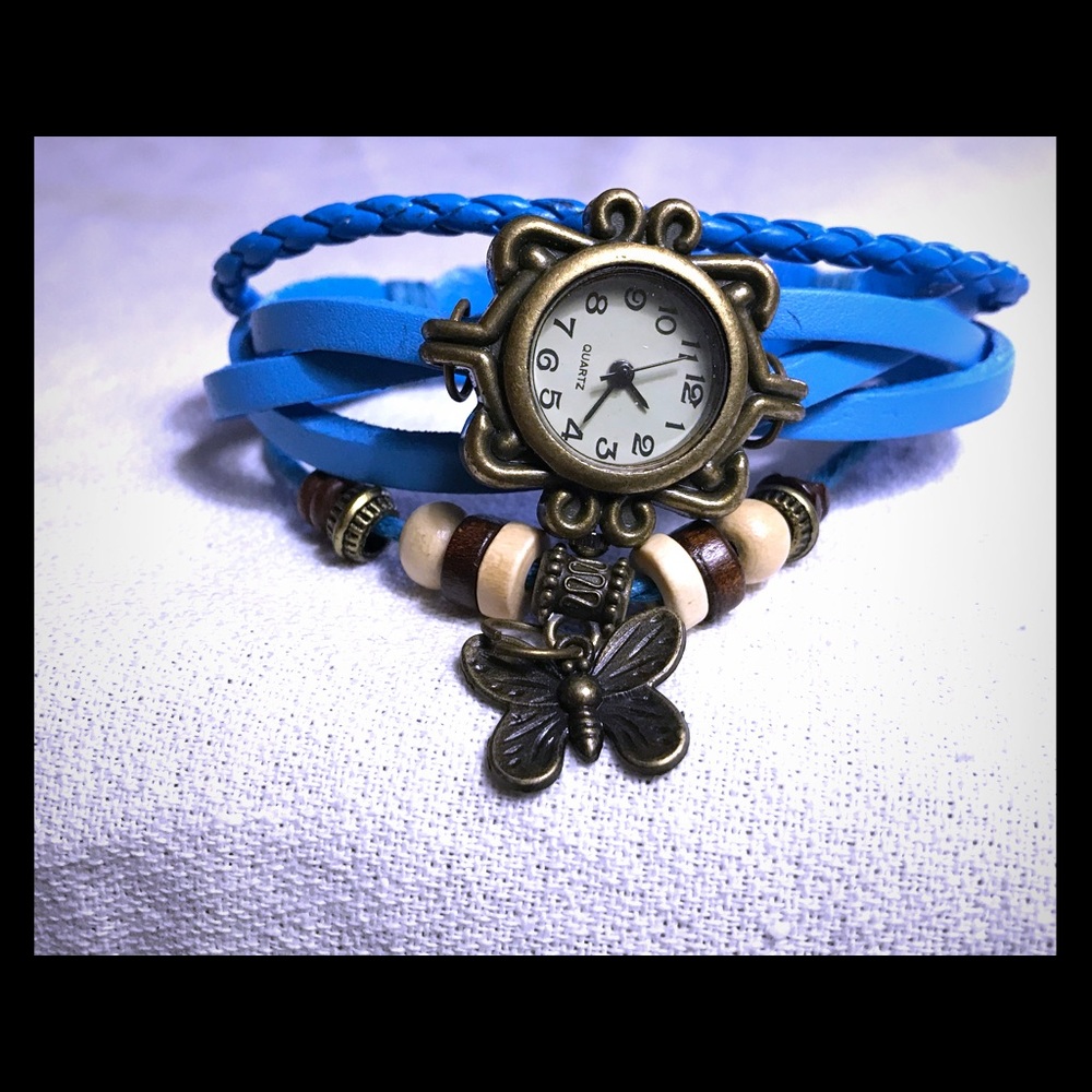 Butterfly charm watch. Turquoise blue